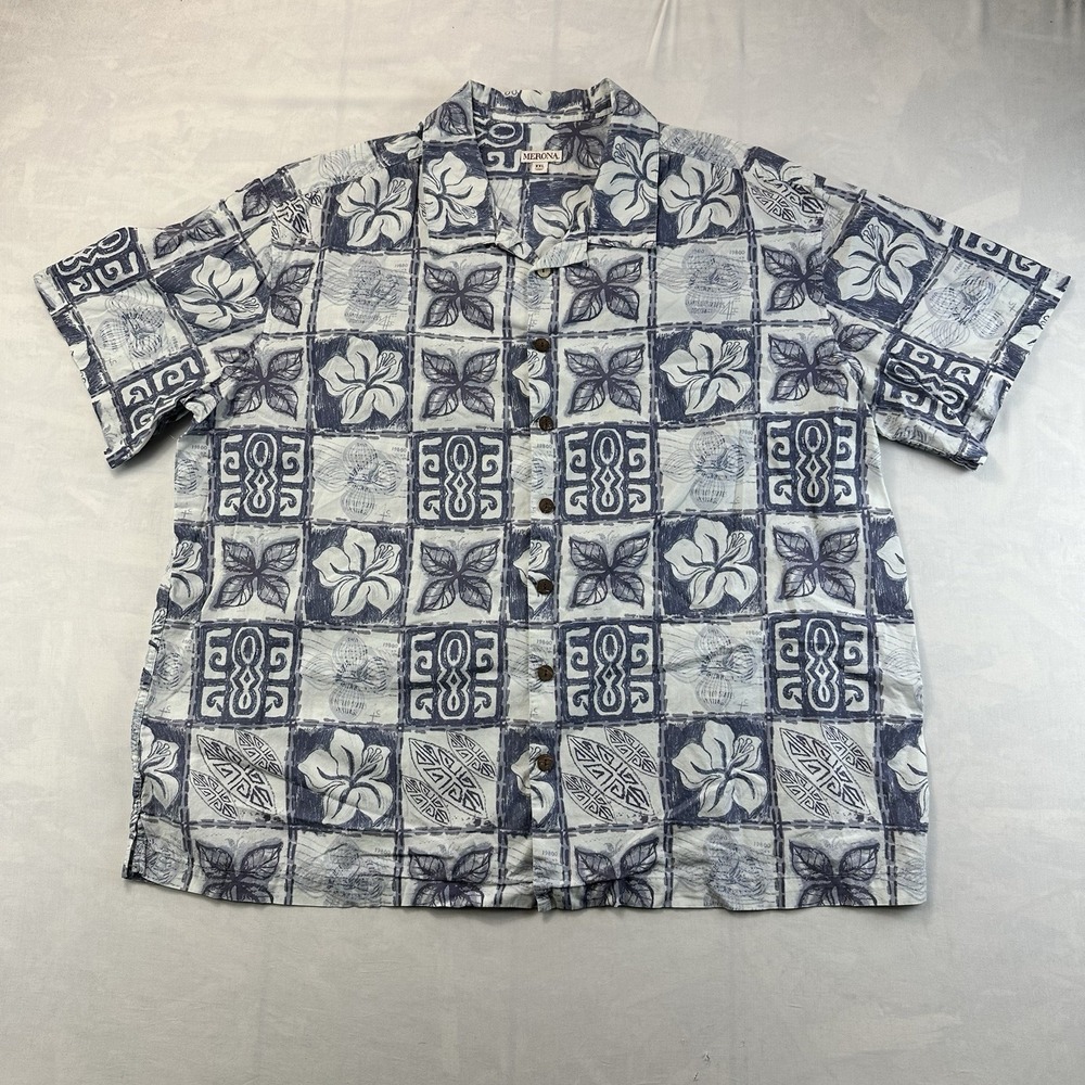 Merona Mens XXL Blue Hawaiian Camp Shirt Floral Aloha Resort Casual Button Up